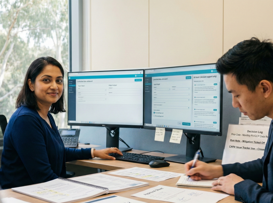 Australian clinical trial professionals reviewing GCP data management records on validated systems, demonstrating ALCOA+ data integrity and TGA inspection readiness under ICH E6(R3).