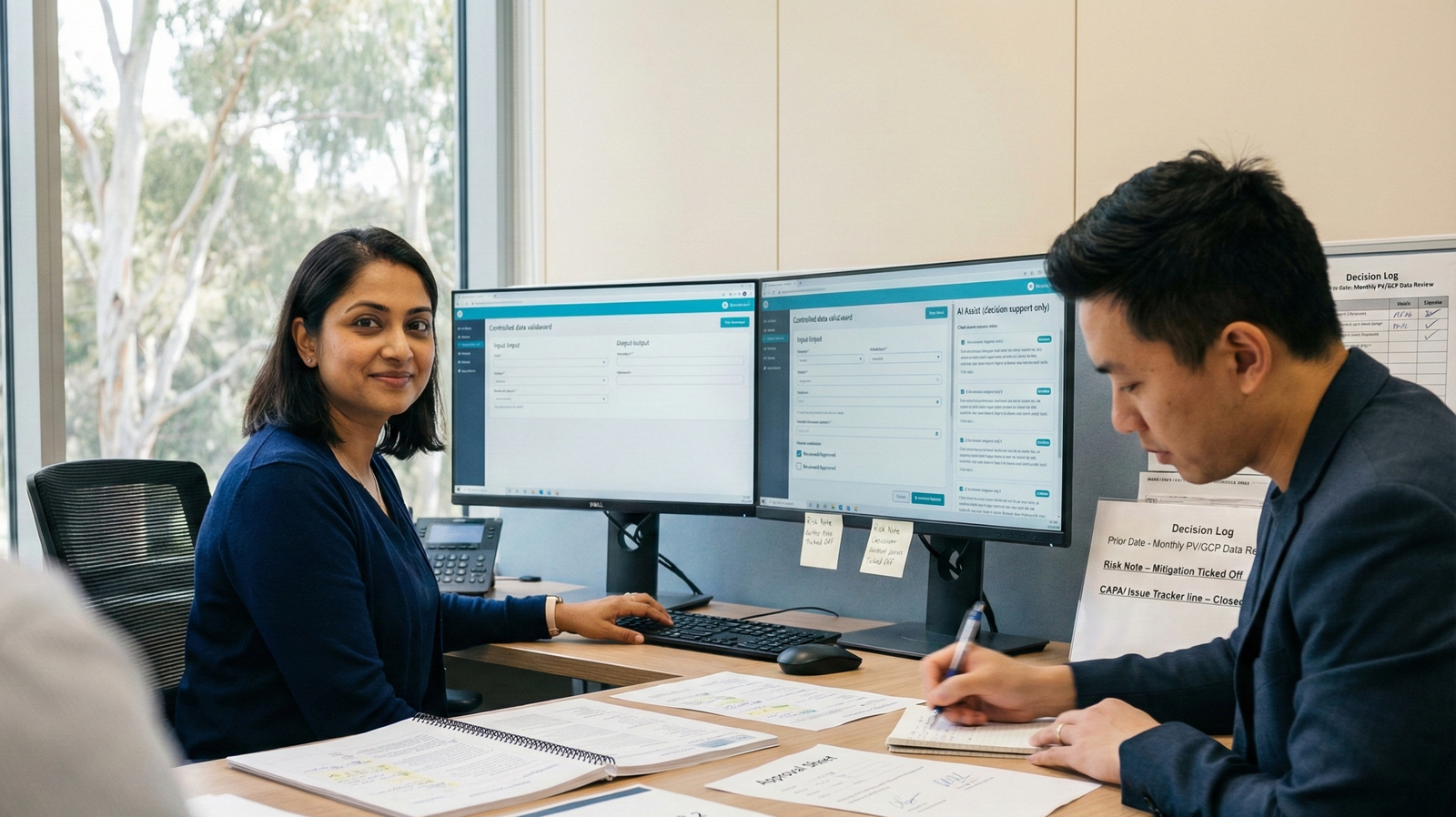 Australian clinical trial professionals reviewing GCP data management records on validated systems, demonstrating ALCOA+ data integrity and TGA inspection readiness under ICH E6(R3).