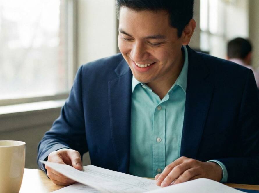 A professional reviewing printed documentation at a desk in a modern office environment, focused and engaged