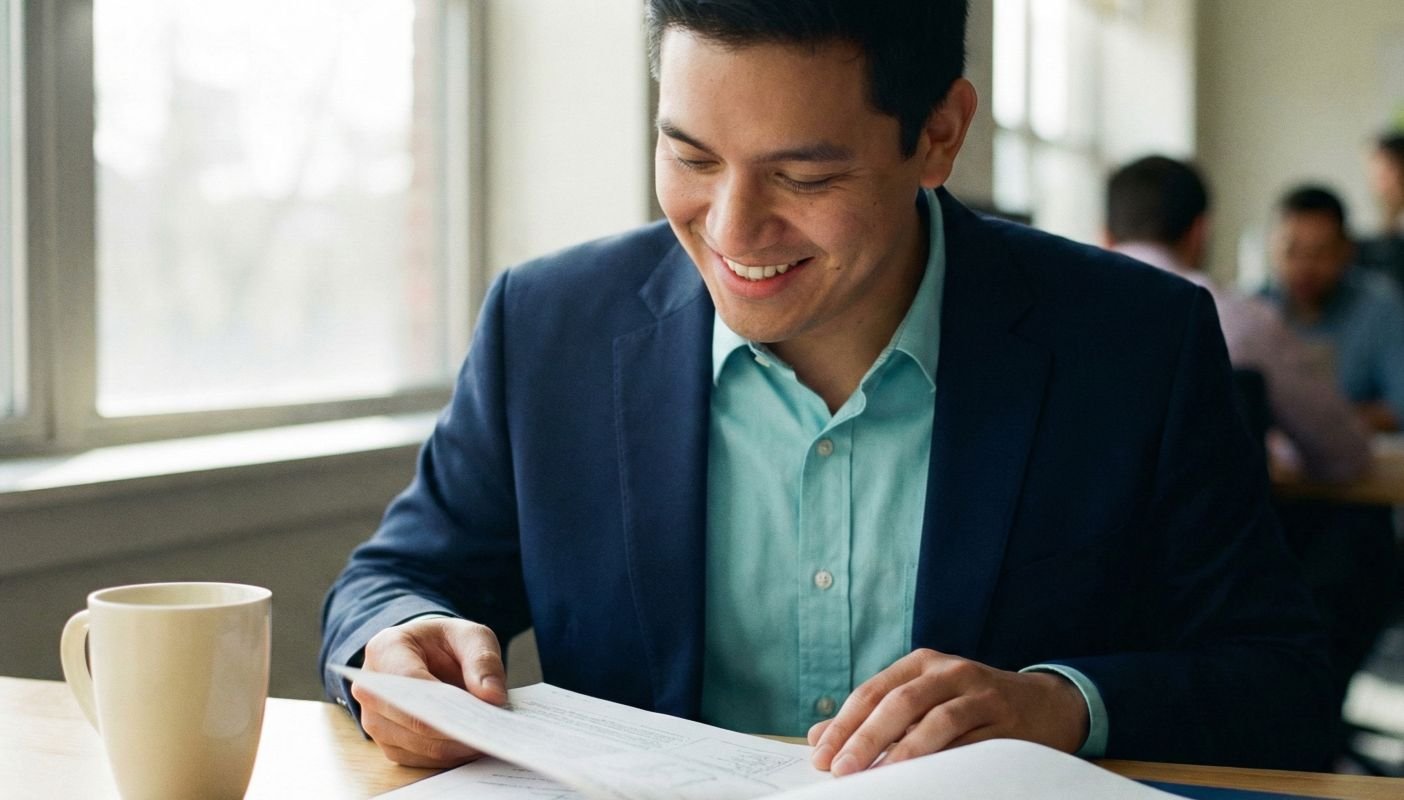 A professional reviewing printed documentation at a desk in a modern office environment, focused and engaged