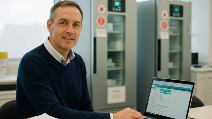 GxP auditor reviewing clinical trial data on a laptop in a controlled laboratory or clinical research environment, supporting regulatory compliance and audit readiness.