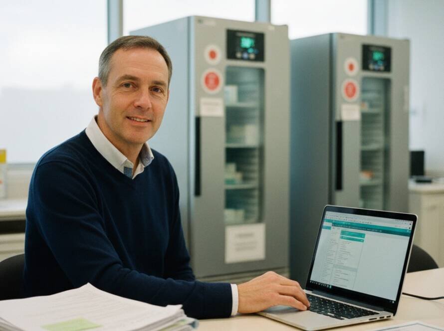 GxP auditor reviewing clinical trial data on a laptop in a controlled laboratory or clinical research environment, supporting regulatory compliance and audit readiness.