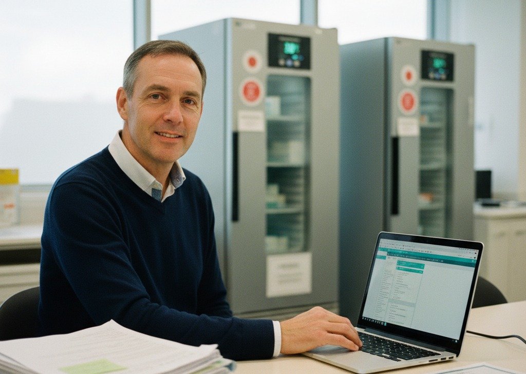 GxP auditor reviewing clinical trial data on a laptop in a controlled laboratory or clinical research environment, supporting regulatory compliance and audit readiness.