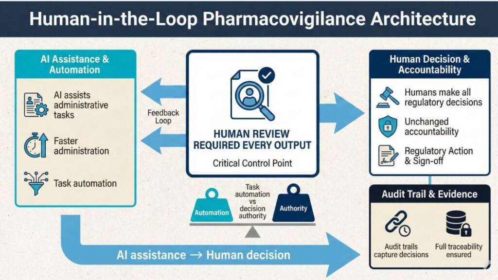 Infographic explaining pragmatic AI in pharmacovigilance, comparing decision automation versus task automation with human-in-the-loop oversight for small sponsors.