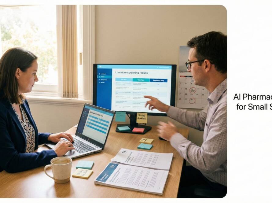 Two pharmacovigilance professionals review AI-assisted literature screening results, demonstrating human-in-the-loop pharmacovigilance workflows for small sponsors.