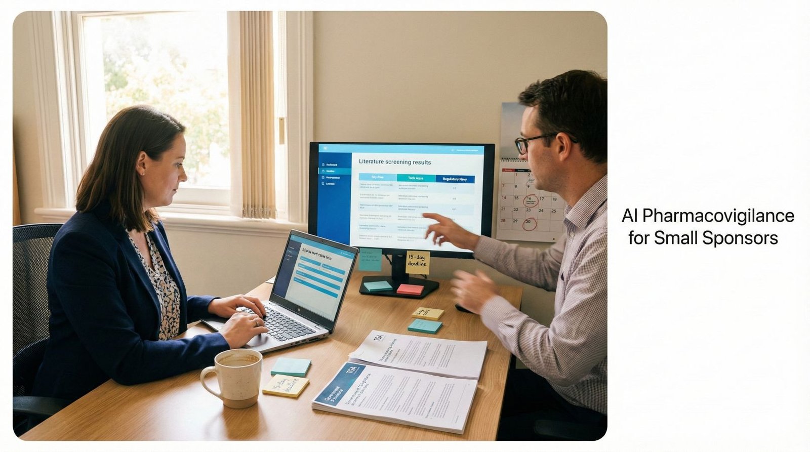 Two pharmacovigilance professionals review AI-assisted literature screening results, demonstrating human-in-the-loop pharmacovigilance workflows for small sponsors.