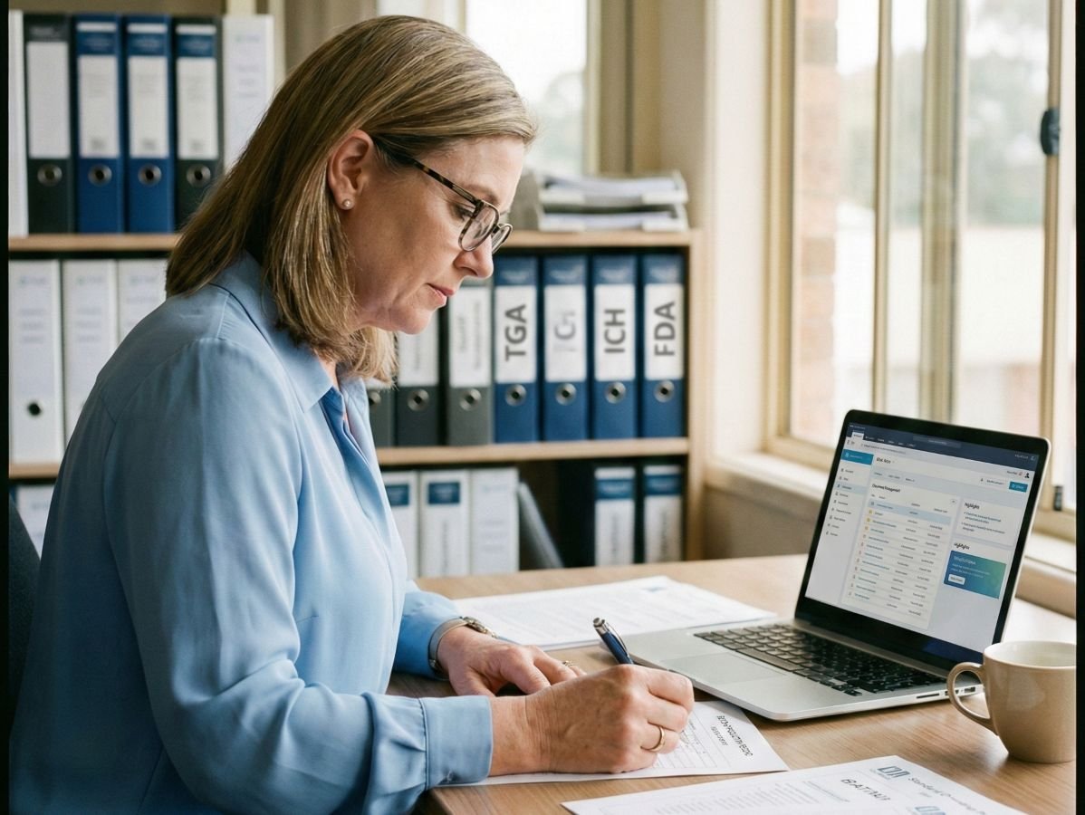 Quality assurance professional reviewing pharmaceutical technical documentation to ensure GxP compliance, ALCOA+ data integrity, and inspection readiness.