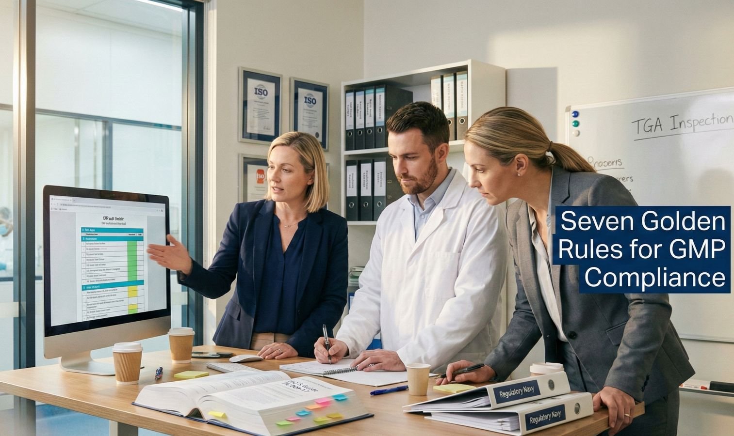 Three pharmaceutical quality professionals review a GMP audit checklist on a monitor in a modern Australian quality office, collaborating at a standing desk.