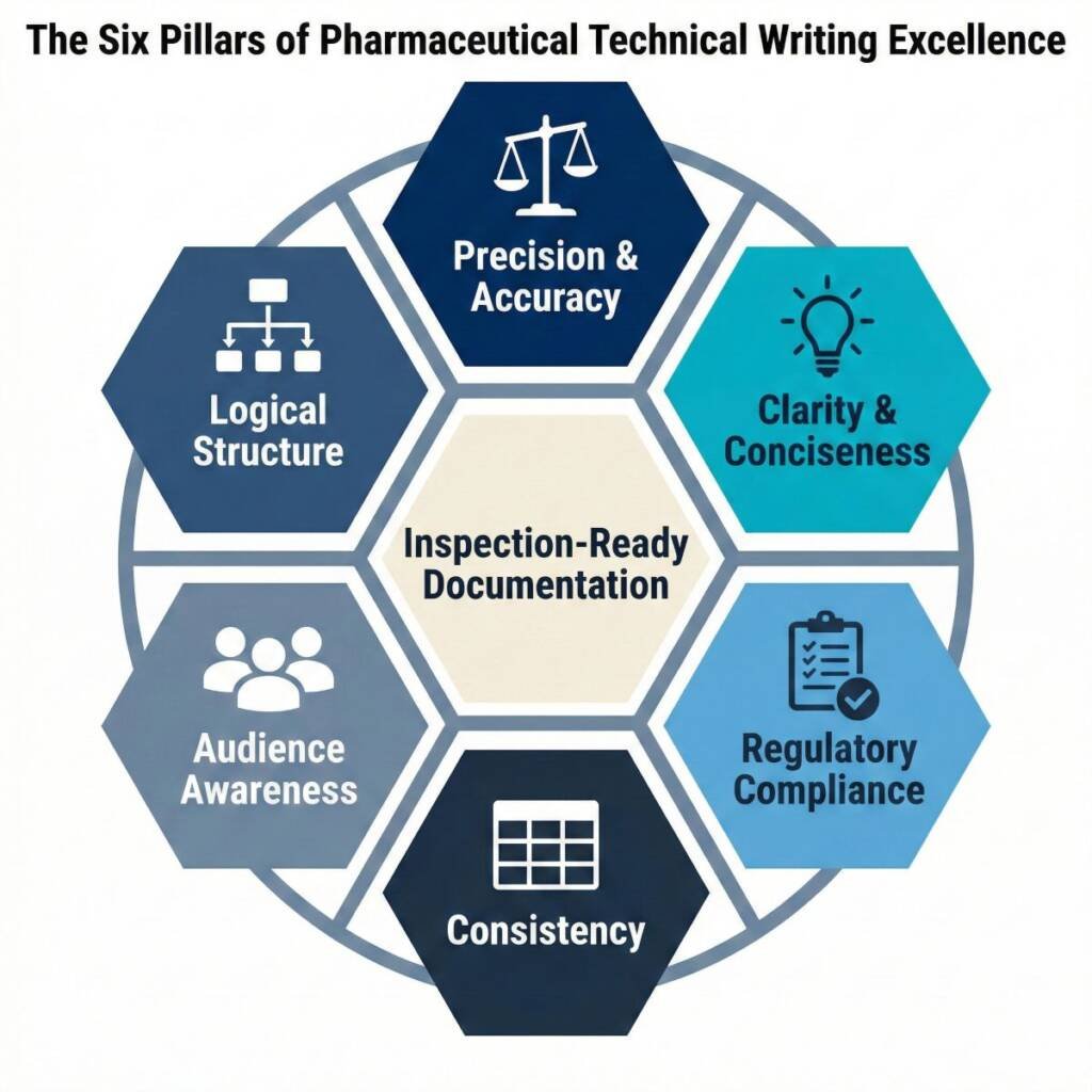 Diagram showing six pillars of pharmaceutical technical writing excellence supporting inspection-ready documentation.