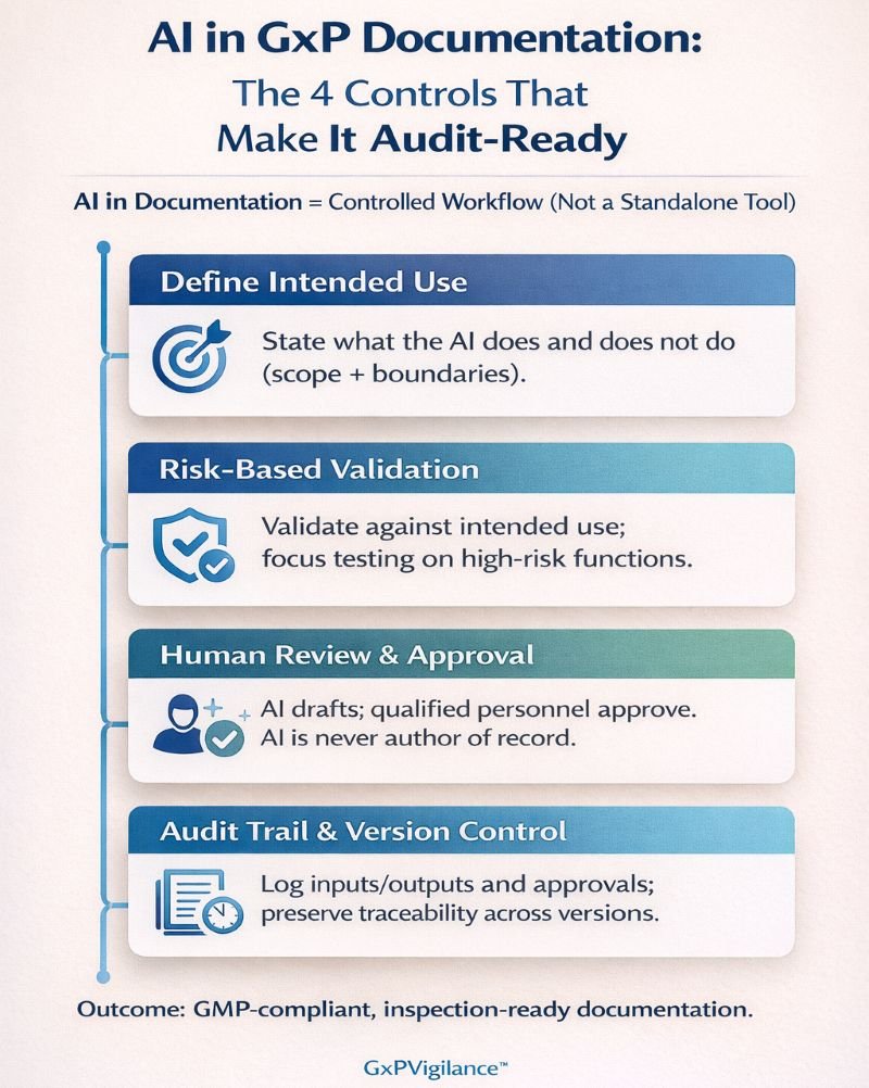 Infographic listing four controls for audit-ready AI in GxP documentation: define intended use, risk-based validation, human review and approval, and audit trail/version control.