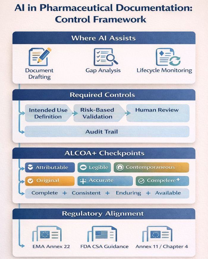 Infographic showing an AI control framework for pharmaceutical documentation with required controls, ALCOA+ checkpoints, and regulatory alignment (EMA Annex 22, FDA CSA, Annex 11/Chapter 4).
