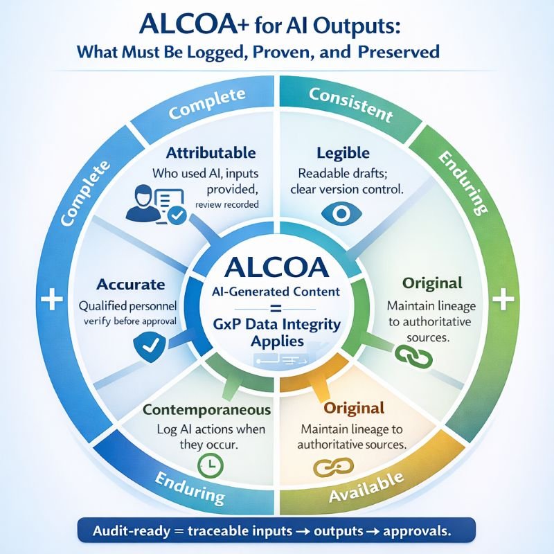 ALCOA+ wheel infographic explaining data integrity requirements for AI-generated documentation outputs, including attributable, legible, contemporaneous, original, accurate, complete, consistent, enduring, and available.