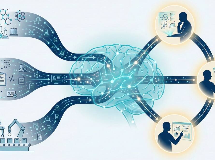 Illustration of artificial intelligence in the pharmaceutical industry showing a central AI brain connected to drug discovery, clinical trials, manufacturing, and regulatory decision support workflows under GxP oversight.
