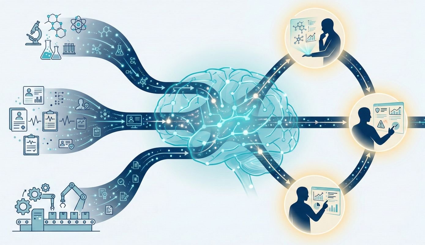 Illustration of artificial intelligence in the pharmaceutical industry showing a central AI brain connected to drug discovery, clinical trials, manufacturing, and regulatory decision support workflows under GxP oversight.