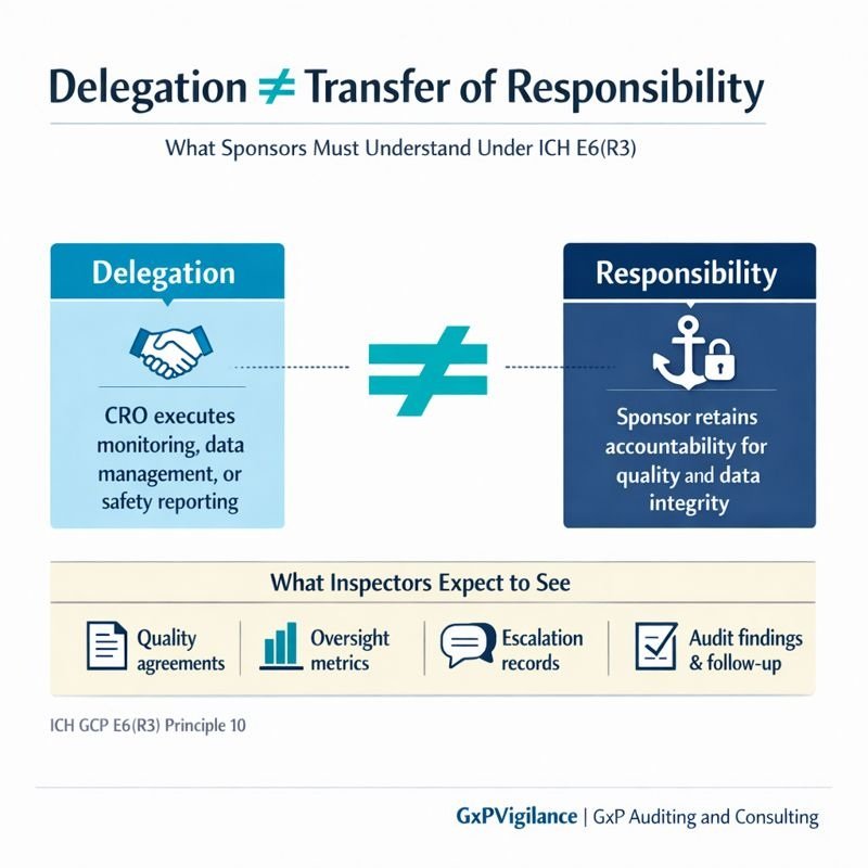 Infographic showing that delegation to a CRO does not remove sponsor accountability under ICH E6(R3) quality management systems in Australian clinical trials.
