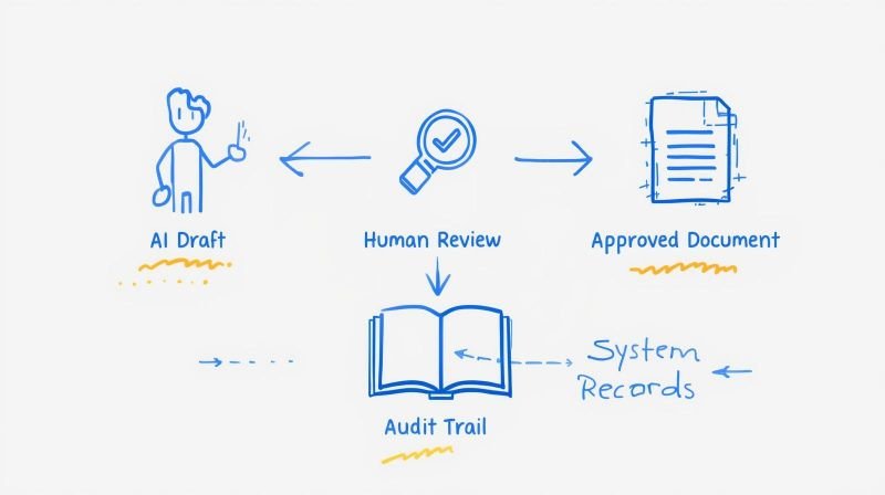 Simple diagram showing AI draft reviewed by humans leading to an approved document with an audit trail and system records.