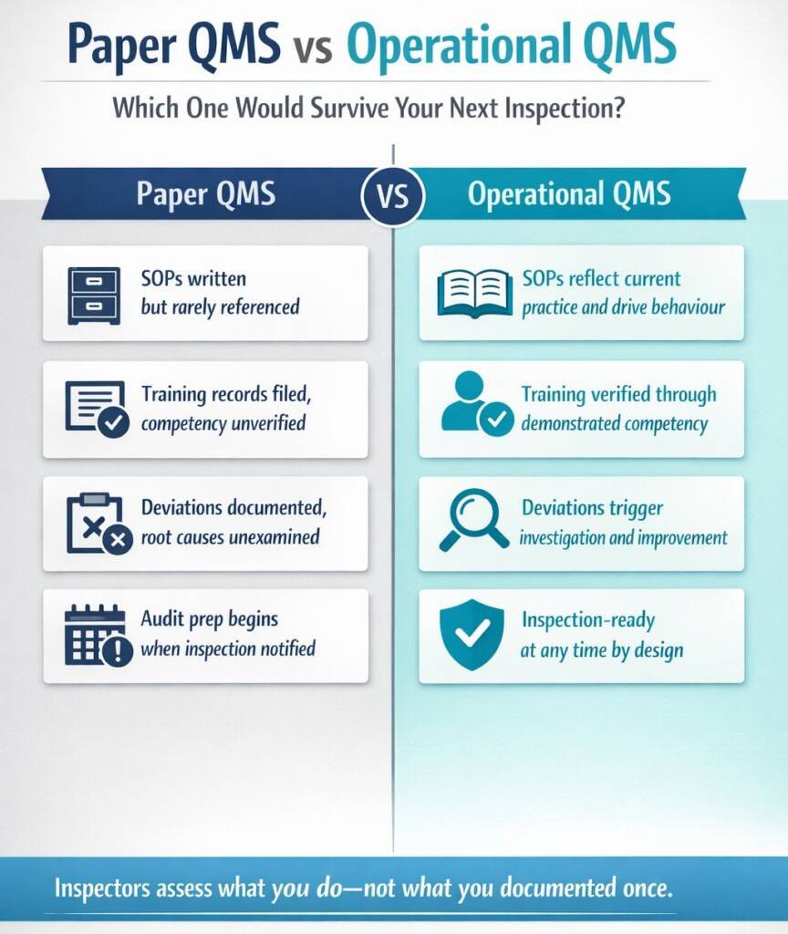 Comparison infographic showing differences between paper-based and operational quality management systems in Australian clinical trials, focusing on sponsor oversight and inspection readiness.