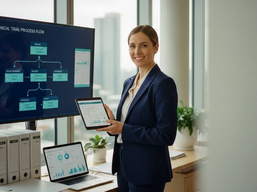 A smiling female clinical research professional in a navy suit stands in a modern office, holding a tablet displaying data next to a large monitor showing a clinical trial process flow diagram.