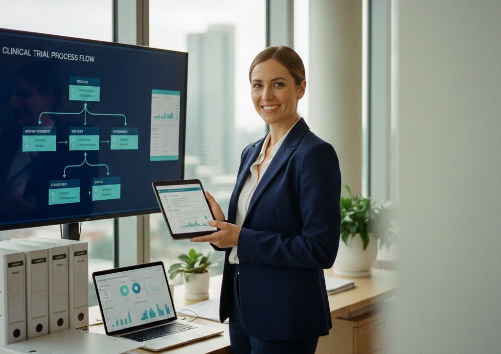 A smiling female clinical research professional in a navy suit stands in a modern office, holding a tablet displaying data next to a large monitor showing a clinical trial process flow diagram.