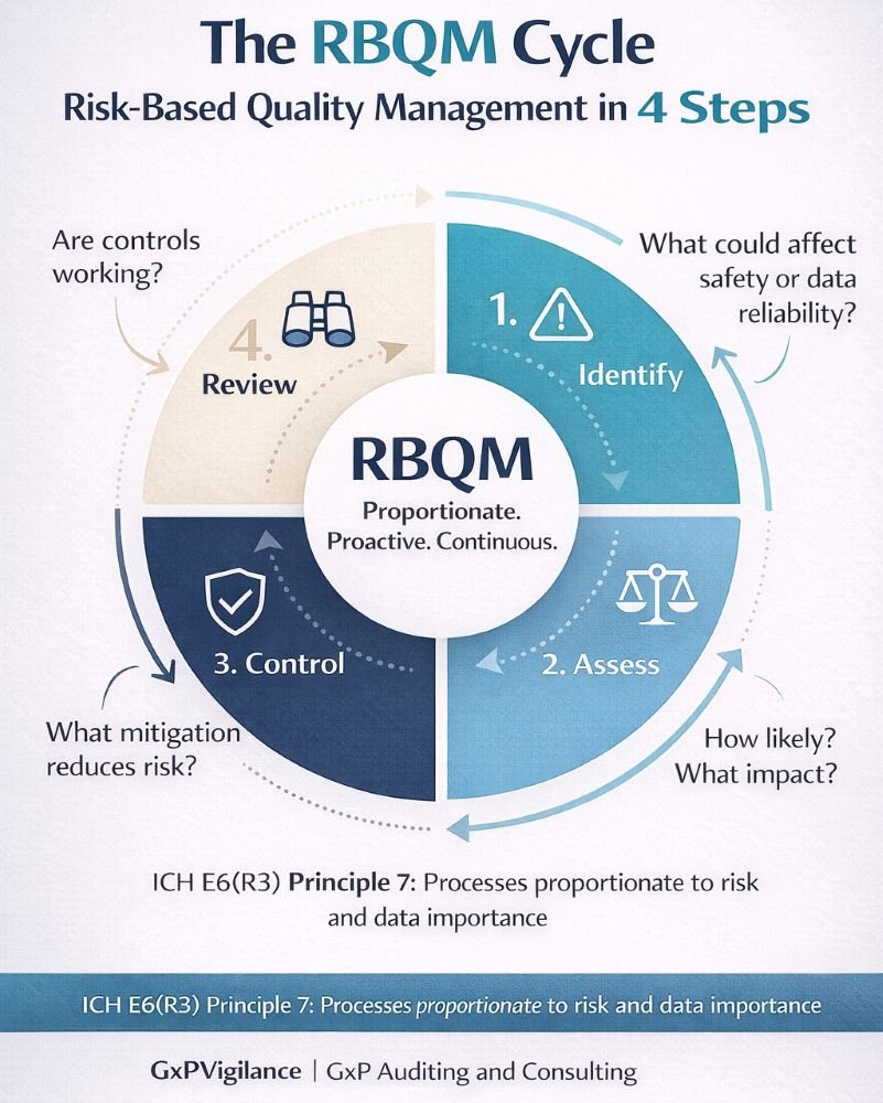 Diagram illustrating the RBQM cycle in clinical trial quality management systems, including identify, assess, control, and review steps under ICH E6(R3).