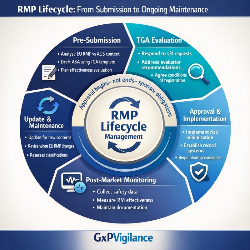 Circular diagram illustrating the full lifecycle of an RMP under TGA oversight.