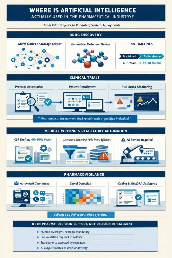Infographic detailing where artificial intelligence is used in the pharmaceutical industry, including drug discovery, clinical trials, medical writing, manufacturing, and pharmacovigilance.