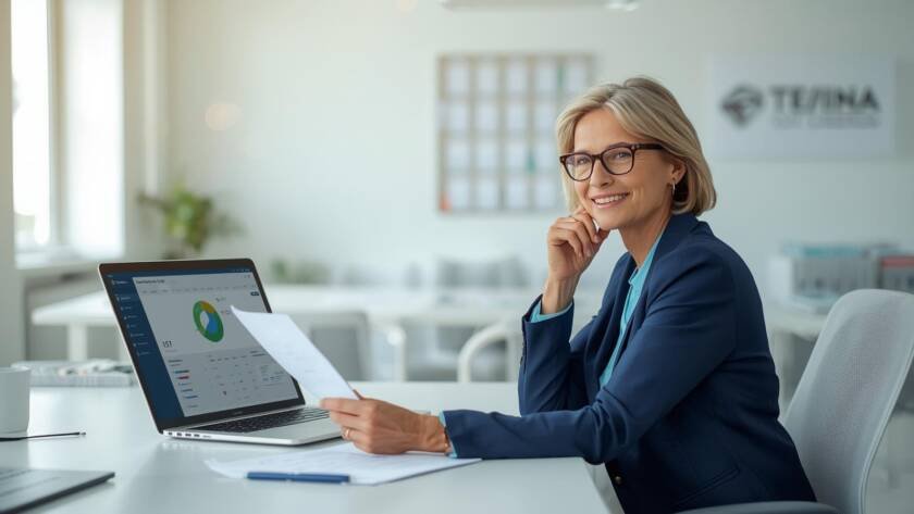 Senior professional reviewing documents beside a laptop in a pharmaceutical office, representing governance-led AI readiness assessment in a regulated GxP environment.