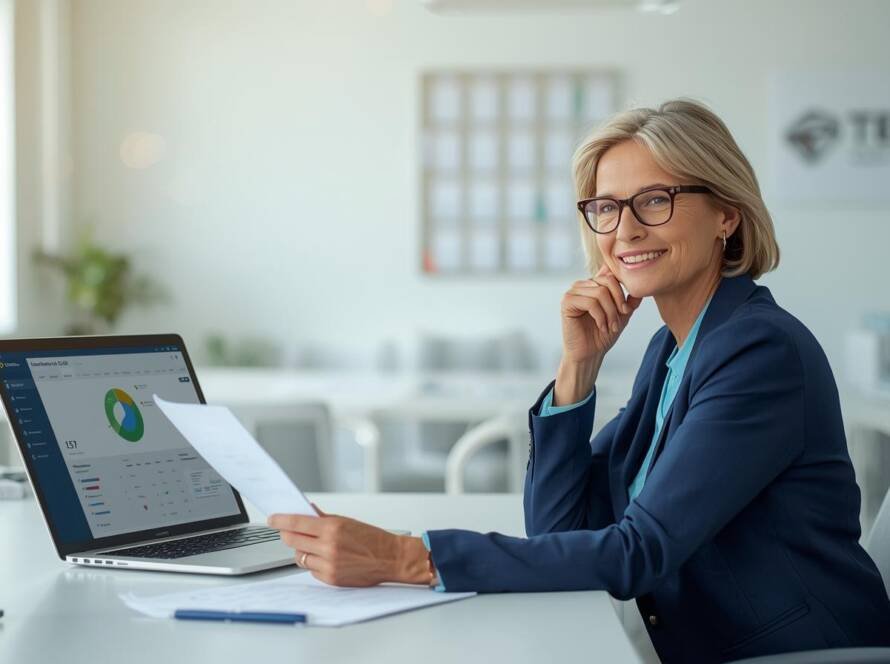 Senior professional reviewing documents beside a laptop in a pharmaceutical office, representing governance-led AI readiness assessment in a regulated GxP environment.