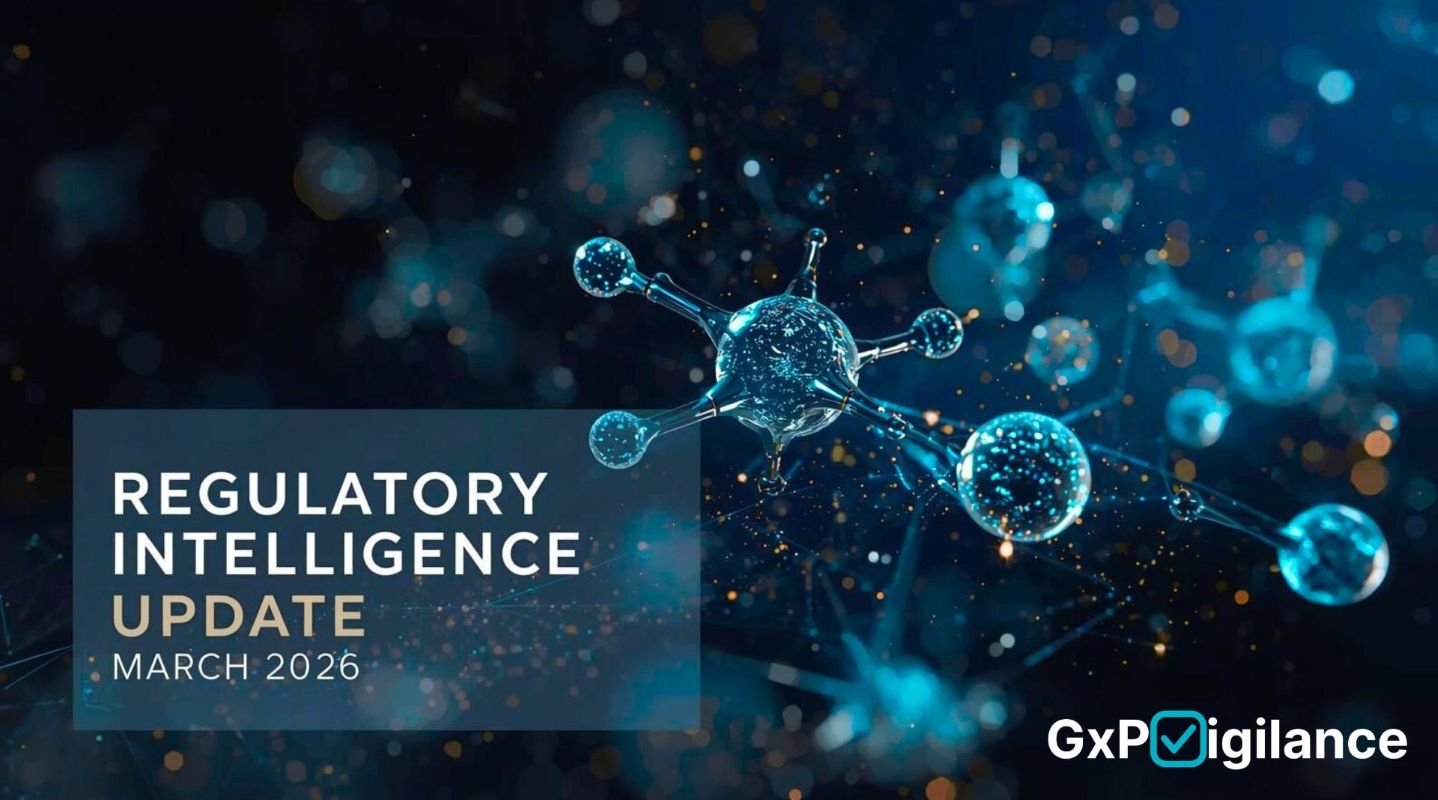 Branded GxPVigilance cover image for a March 2026 regulatory intelligence update featuring a blue molecular network background and text highlighting global pharma, safety, and clinical trial regulatory developments.