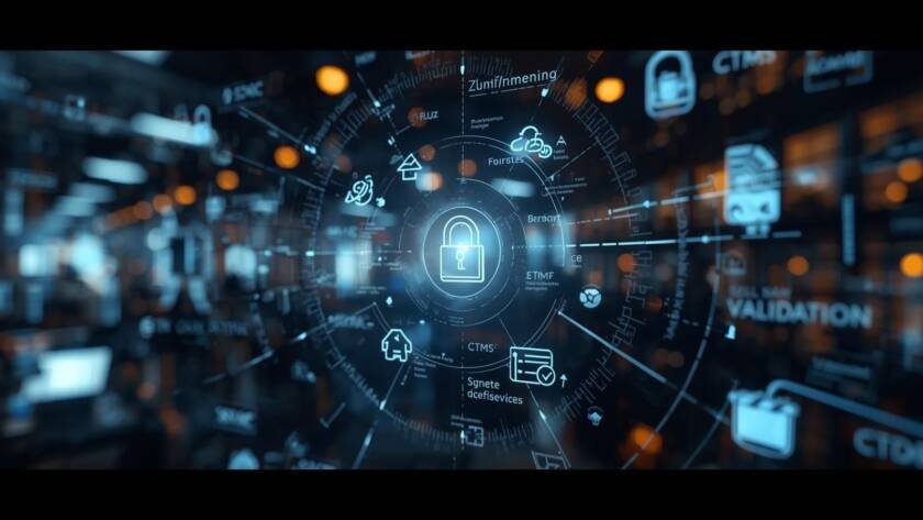Abstract digital dashboard showing a central padlock icon surrounded by connected interface symbols, representing AI medical device software security, validation, and compliance controls.