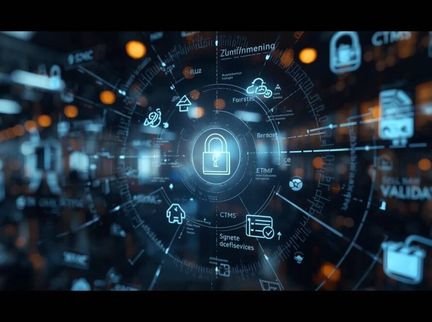 Abstract digital dashboard showing a central padlock icon surrounded by connected interface symbols, representing AI medical device software security, validation, and compliance controls.