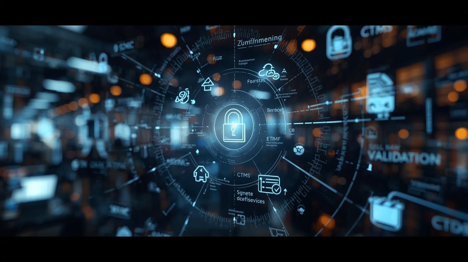 Abstract digital dashboard showing a central padlock icon surrounded by connected interface symbols, representing AI medical device software security, validation, and compliance controls.