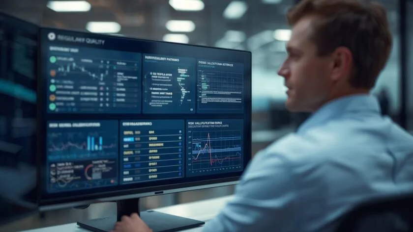 Regulatory quality professional reviewing an AI governance and risk monitoring dashboard for clinical trial systems on a large screen.