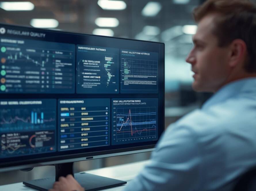 Regulatory quality professional reviewing an AI governance and risk monitoring dashboard for clinical trial systems on a large screen.