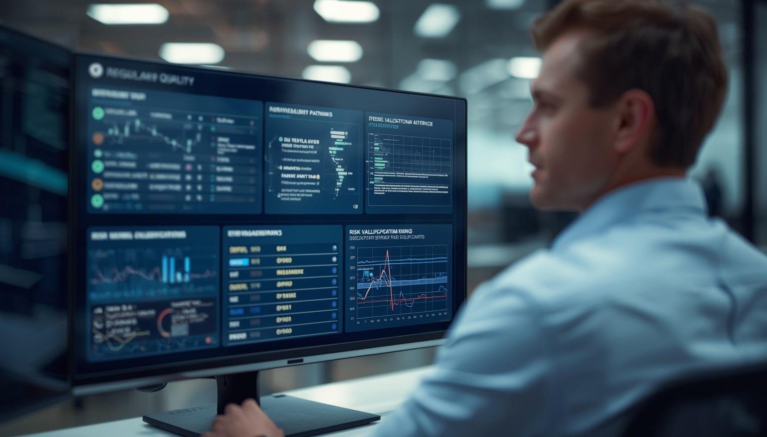 Regulatory quality professional reviewing an AI governance and risk monitoring dashboard for clinical trial systems on a large screen.
